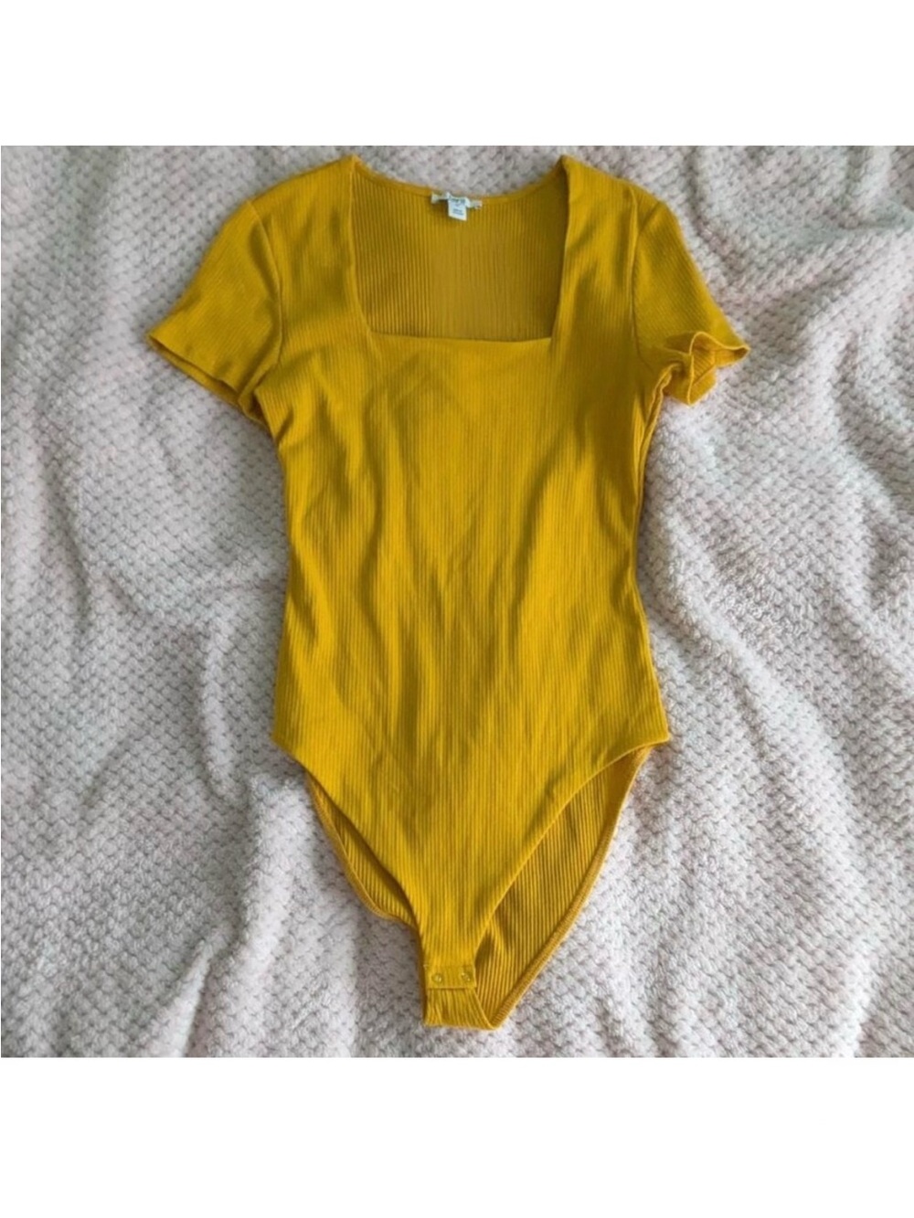 Bar III Golden Mustard Ribbed Square-Neck Short Sleeve Bodysuit